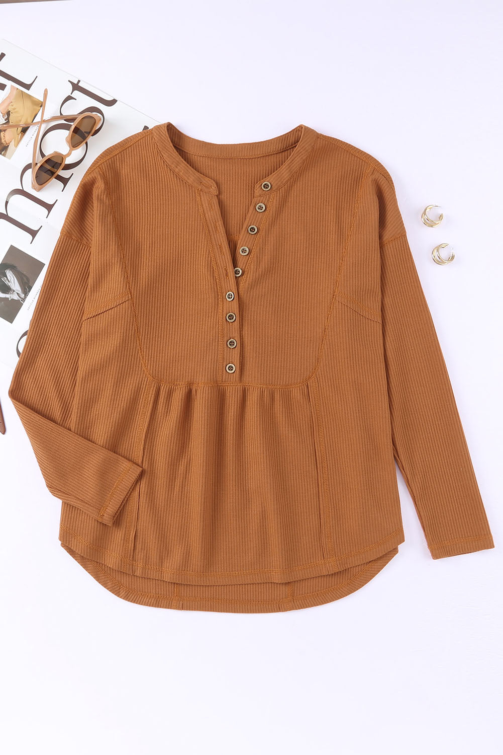 Brown Waffle Knit Half Button Henley Top