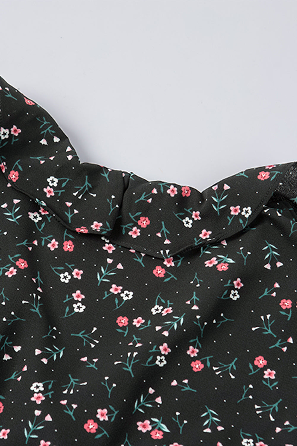 Black Floral Print Belted Ruffled V Neck Sleeveless Top