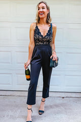 Black Spaghetti Straps Lace Bodice High Waist Jumpsuit