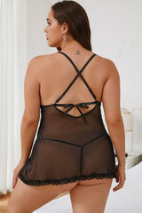 Black Plus Size Lace Patchwork Mesh Crisscross Backless Babydoll