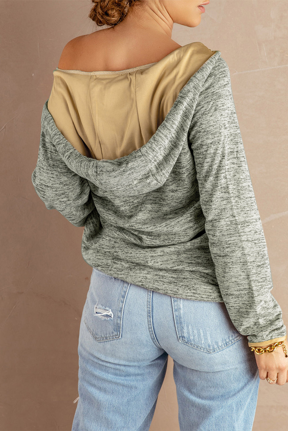 Heathered Print Button Snap Neck Pullover Hoodie