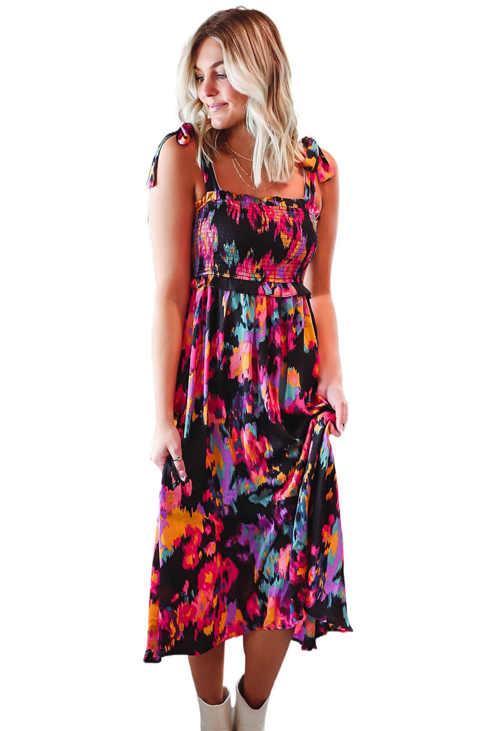 Black Smocked Tie-dye Print Midi Dress