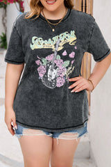 Gray Plus Size Retro Guitar Roses Graphic Washed T-shirt