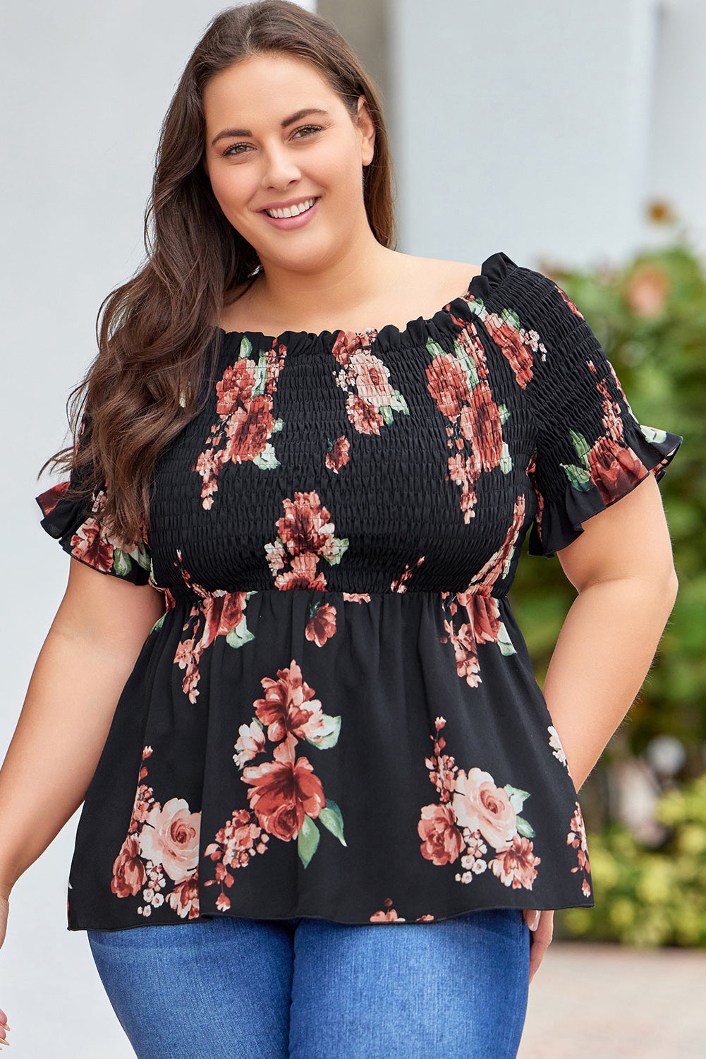 Black Floral Smocked Off Shoulder Plus Size Blouse