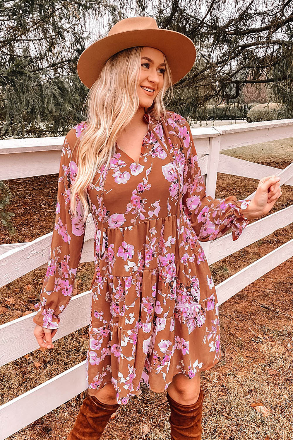 Brown Floral Print Drawstring V Neck Ruffled Babydoll Mini Dress