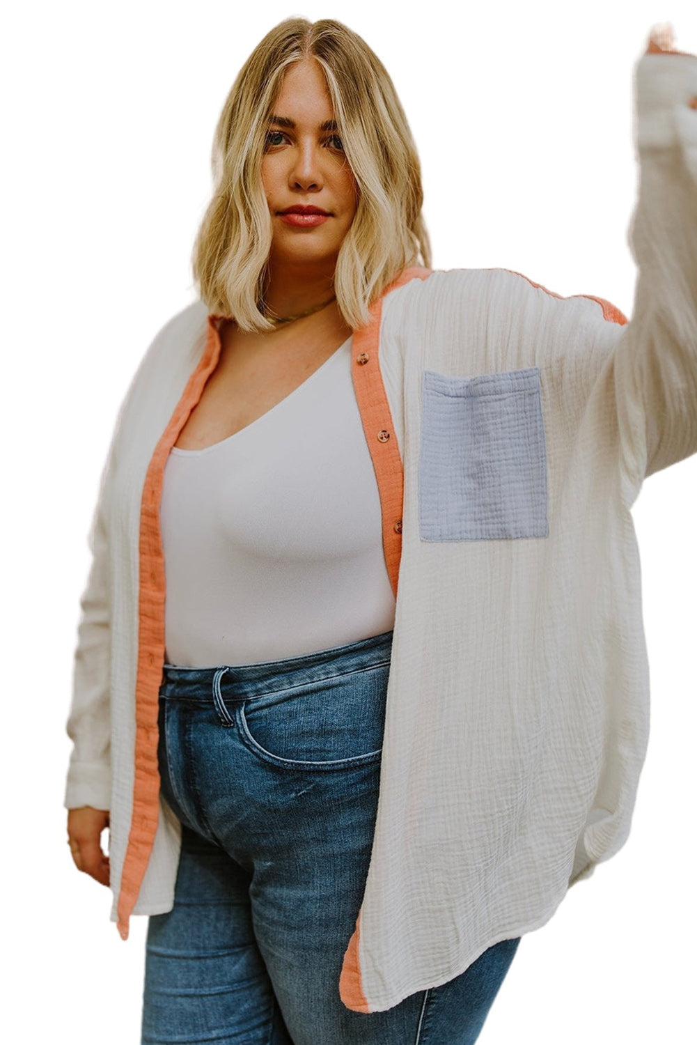 White Crinkle Colorblock Chest Pocket Plus Size Shirt