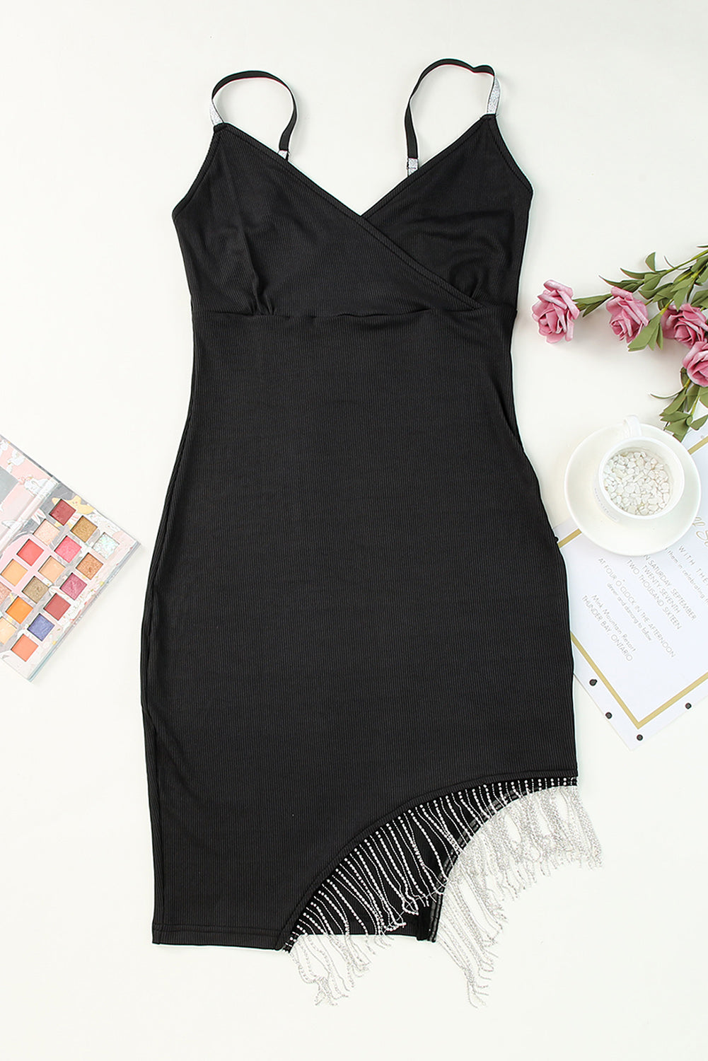 Black Strappy Rhinestone Tassel Mini Dress