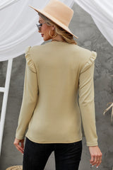 Khaki Ruffle Slim-fit Long Sleeve Top