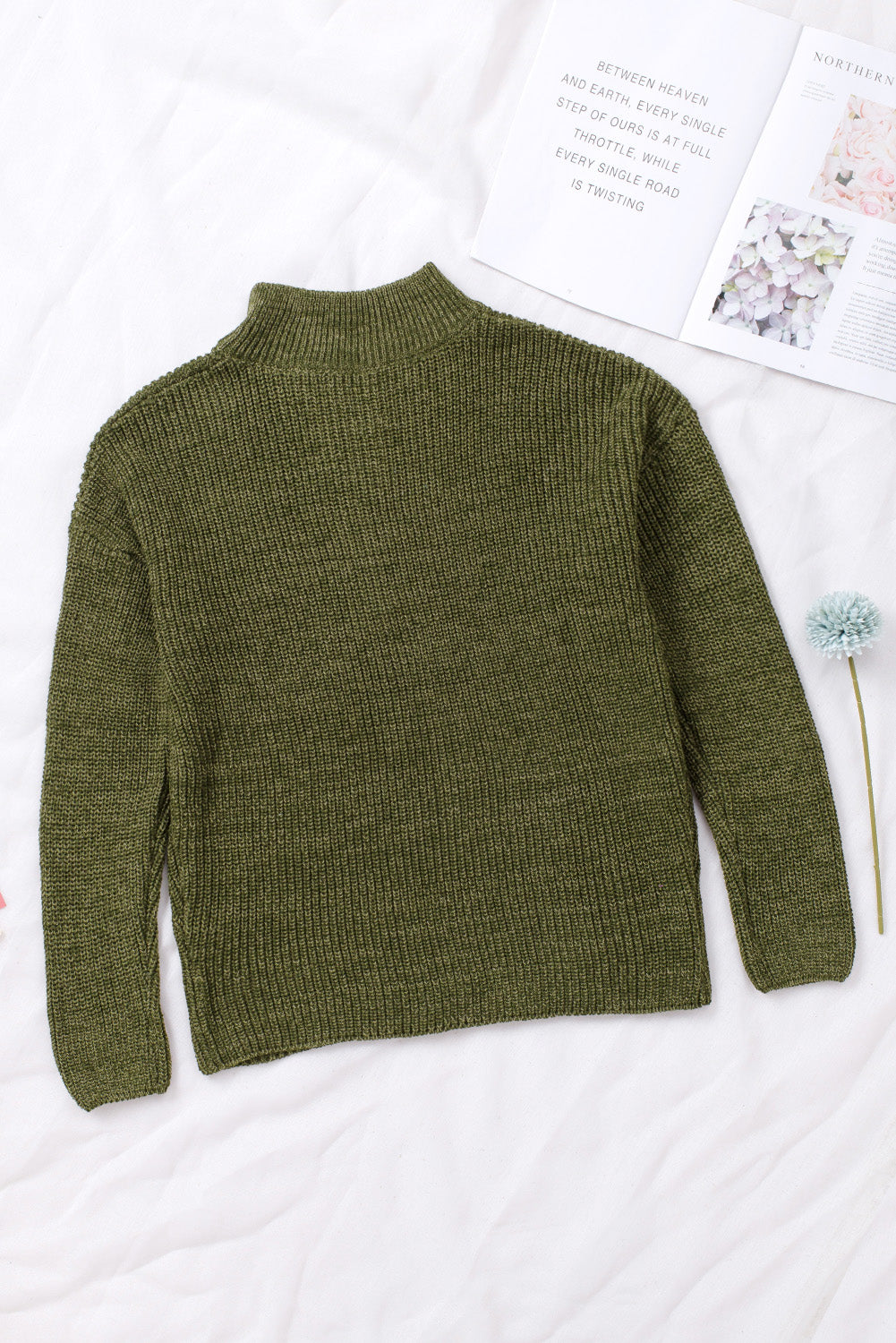 Red Zipped Turtleneck Drop Shoulder Knit Sweater