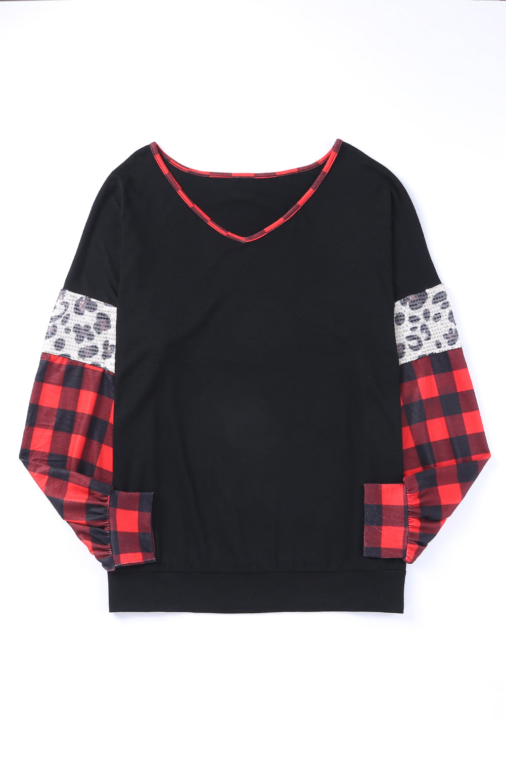 Black Sequined Leopard Insert Plaid Sleeve Plus Size Top