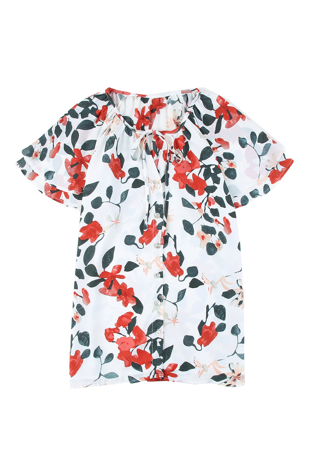 White Floral Print Drape V Neck Short Sleeve Blouse