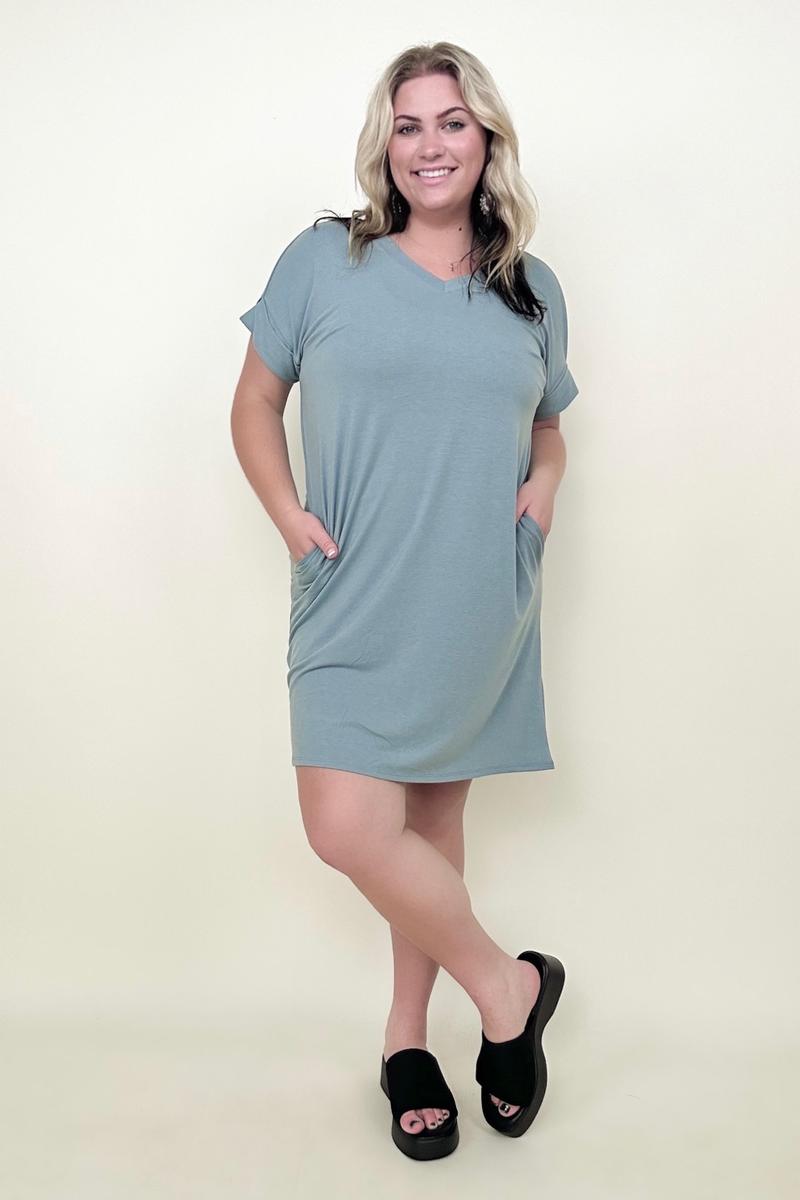 Amicg Rolled Short Sleeve V-Neck Tee Shirt Dress with Pockets