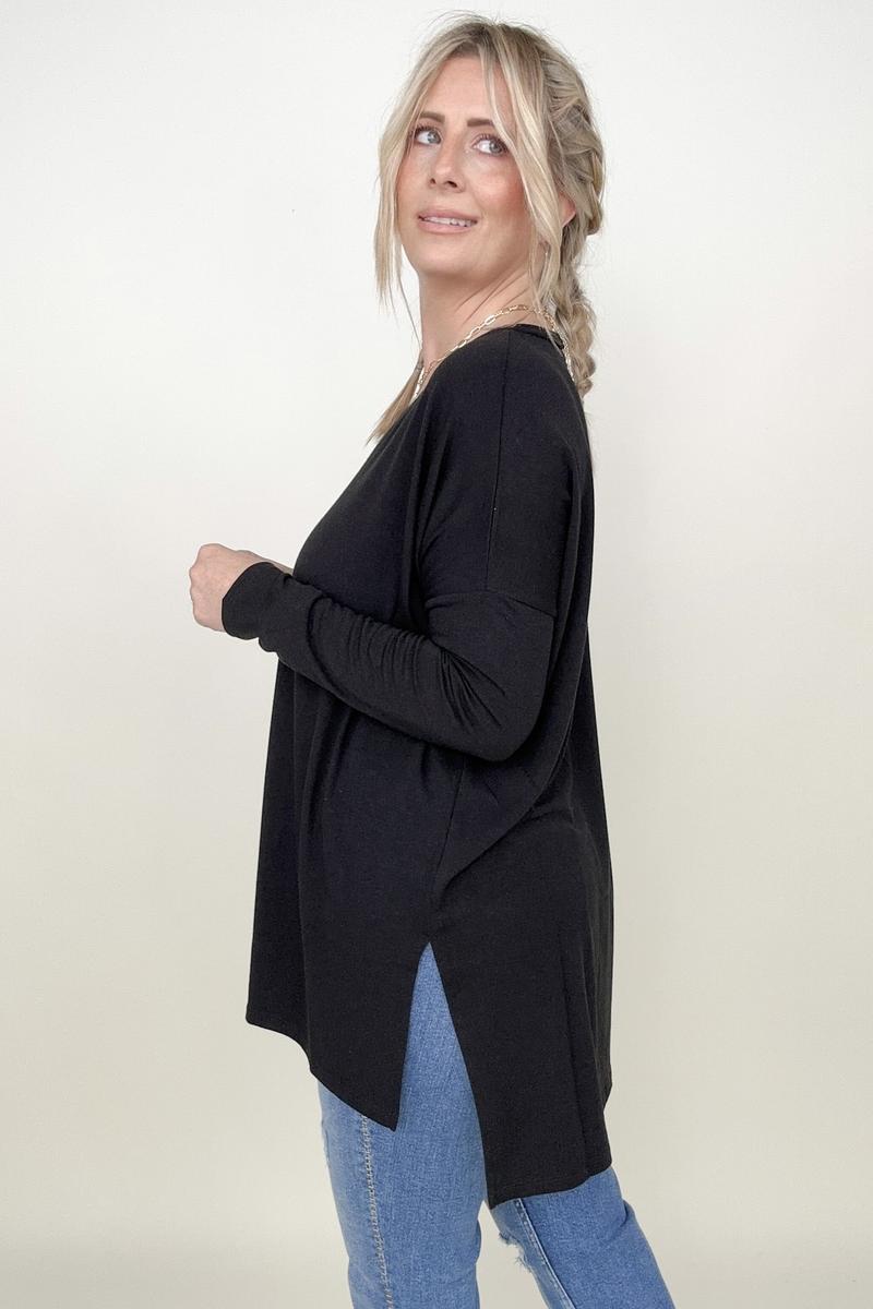 Amicg Solid Dolman Sleeve V Neck Top With Side Slits