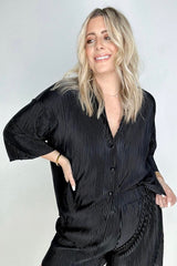 Pleated Button Down Top And Shorts Set