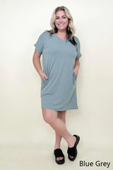 Amicg Rolled Short Sleeve V-Neck Tee Shirt Dress with Pockets