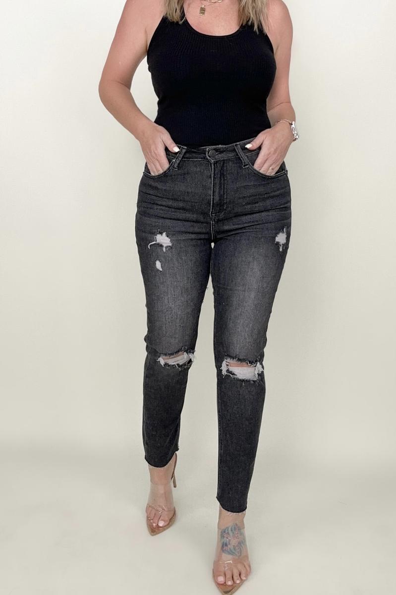 High Rise Slim Straight Cropped Raw Hem Jeans