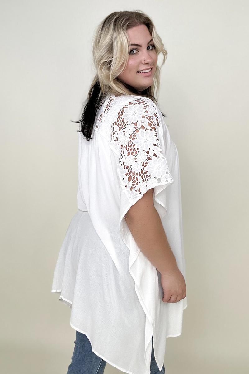 Solid Button Down Short Sleeve Hi-Low Lace Loose Top