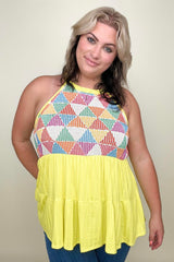 Multi Geometric Waffle Knit Babydoll Top