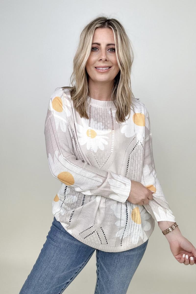 Daisy Print Crew Neck Loose Knit Top