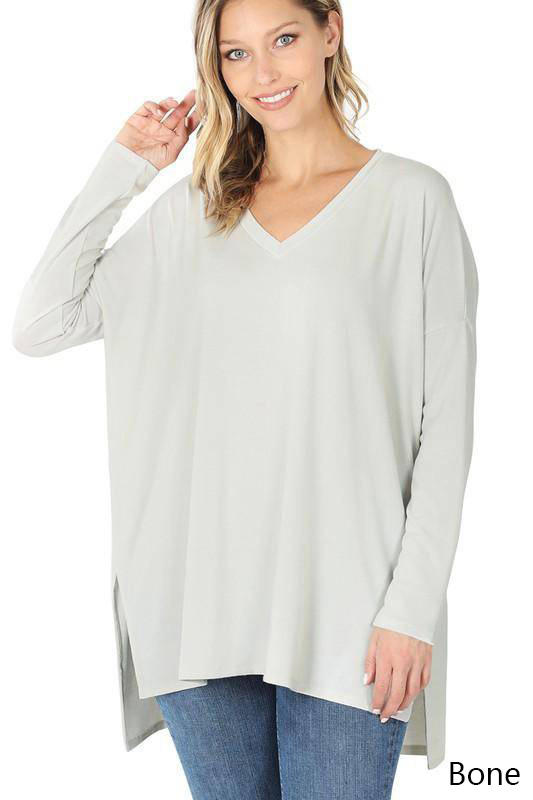 Amicg Solid Dolman Sleeve V Neck Top With Side Slits